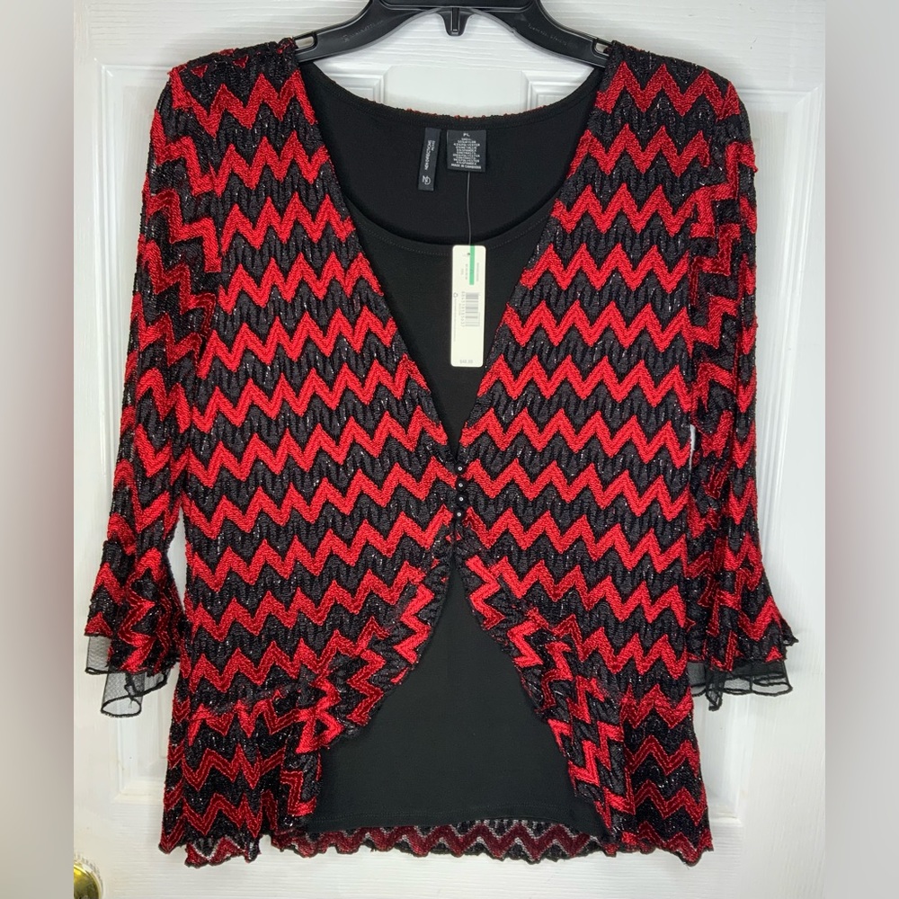 NWT Women’s Red & Black Blouse with silver accents. Ruffles sleeves and front